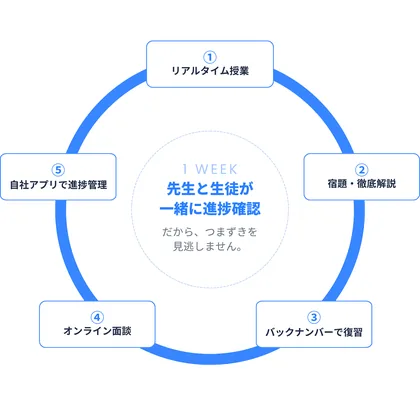 1週間の学習サイクル：ライブ授業→宿題・徹底解説→バックナンバーで復習→オンライン面談→アプリで進捗管理